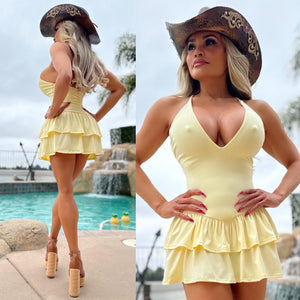 Connie's "WESTERN YELLOW SPAGHETTI STRAP Mini" CRISS CROSS BACK, Deep Plunge 2 Layer Ruffle, Made in The USA