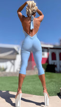 Connie's EXCLUSIVE "EXTREME PLUNGE SKY BLUE CAPRI Jumpsuit" Sheen Fabric, Adjustable Backless Halter, Made in USA