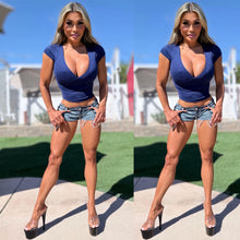 Connie's DEEPER V-NECK PLUNGE "BABY SISTER BAD GIRL Cap Sleeve Top" NAVY BLUE Signature Double fabric tailoring for Use without a Bra,Made in USA