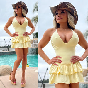 Connie's "WESTERN YELLOW SPAGHETTI STRAP Mini" CRISS CROSS BACK, Deep Plunge 2 Layer Ruffle, Made in The USA