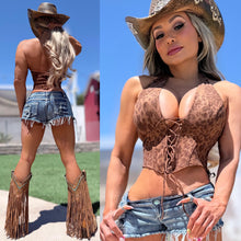 Connie's LIMITED "CORSET CHEST RICH LEOPARD HALTER TOP" Flex Boning and Adjustable Waist Cinching support