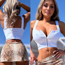 Connie's "SUPER STRETCH SEAMLESS WHITE Ribbed CROP Tank Top" Open The Chest as Deep as you want with Eye Hook Opening