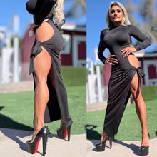 Connie's EXCLUSIVE!!!  "BLACK Ferrari EVENING Mock Neck MAXI 🍸🍸🍸" High Hip Cut, Thigh Tie, Full stretch Fit, No Zippers