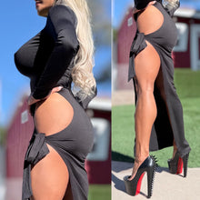 Connie's EXCLUSIVE!!!  "BLACK Ferrari EVENING Mock Neck MAXI 🍸🍸🍸" High Hip Cut, Thigh Tie, Full stretch Fit, No Zippers