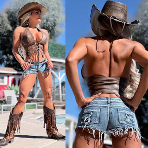 Connie's "RICH RUSTIC DARK BROWN URBAN COWGIRL 🤠 CORSET Halter Top" DISTRESSED VEGAN LEATHER adjustable Corset, LIMITED SUPPLY