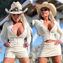 Connie's LIMITED 2 Pc Set "RICH CREAM Sweater Set" STRETCH Crop Top ZIP Hoodie and Fold Over Skirt with Built in Mini Shorts