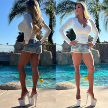 Connie's "SMOOTH WHITE SUGAR V-NECK LONG SLEEVE Top" Double fabric Support & Perfect Fit SPANDEX ... Made in the USA