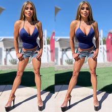 Connie's LIMITED "BABY SISTER Scarlet Temptation Tie Up Halter Top" NAVY BLUE Double Fabric Support, for use without a Bra, Made in the USA