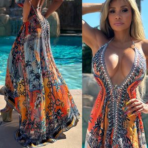 ***LIMITED*** Connie's LUX 🌴 Island BoHo Style, Hawaii in The Fall *Silk* High Low Maxi" With Hand Sewn 💎 Crystal Accents ...💯😘