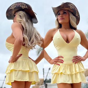 Connie's "WESTERN YELLOW SPAGHETTI STRAP Mini" CRISS CROSS BACK, Deep Plunge 2 Layer Ruffle, Made in The USA