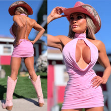 Connie's "PEARL CHAIN BACKLESS COWL PLUNGE Mini" EXTREME CHEST Exposure, PINK SHEEN, Double Fabric ... Made in the USA