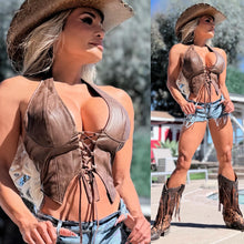 Connie's "RICH RUSTIC DARK BROWN URBAN COWGIRL 🤠 CORSET Halter Top" DISTRESSED VEGAN LEATHER adjustable Corset, LIMITED SUPPLY