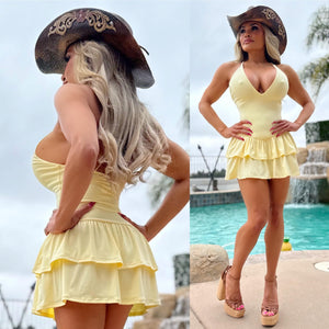 Connie's "WESTERN YELLOW SPAGHETTI STRAP Mini" CRISS CROSS BACK, Deep Plunge 2 Layer Ruffle, Made in The USA