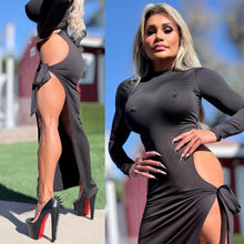 Connie's EXCLUSIVE!!!  "BLACK Ferrari EVENING Mock Neck MAXI 🍸🍸🍸" High Hip Cut, Thigh Tie, Full stretch Fit, No Zippers