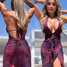 Connie's ***LIMITED*** "Sophisticated 🍷 DESERT ROSE HIGH LOW Maxi" Ruched Butt, STRETCH MESH, Open Back, Adjustable Halter tie