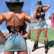 Connie's  "RICH WHITE STITCHED COWGIRL BLACK X SUEDE LEATHER  HALTER TOP" ADJUSTABLE Corset back and Eye Hook Front