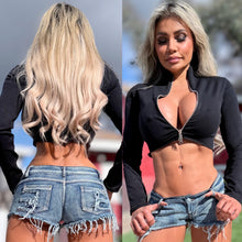 Connie's **LIMITED** "RICH BLACK STRETCH DUAL ZIP KNIT TOP" Adjustable Dyal Zip Chest Exposure, Nice SNUG STRETCH FIT