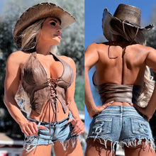 Connie's "RICH RUSTIC DARK BROWN URBAN COWGIRL 🤠 CORSET Halter Top" DISTRESSED VEGAN LEATHER adjustable Corset, LIMITED SUPPLY