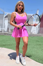 Connie's "Naughty 🎾 Tennis Pro TANK Mini Dress" PINK with WHITE PIPING, Built in Sport Bra and Shorts, SPANDEX Stretch Fit