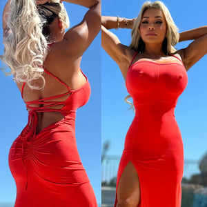 Connie's LIMITED "FIRE RED ORANGE 🔥🍊🔥 MAXI" Corset Tie Back, High THIGH Cut, SEMI SHEER-ISH, Ruched Butt, Thin Stretch Body Molding Fabric
