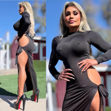 Connie's EXCLUSIVE!!!  "BLACK Ferrari EVENING Mock Neck MAXI 🍸🍸🍸" High Hip Cut, Thigh Tie, Full stretch Fit, No Zippers