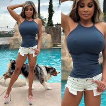 Connie's "BAD 🐩, Luxe Cobalt Mist, Ribbed Racer Back Tank Top" Super Stretch Fit...Made in The USA😍