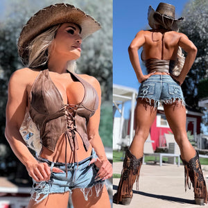 Connie's "RICH RUSTIC DARK BROWN URBAN COWGIRL 🤠 CORSET Halter Top" DISTRESSED VEGAN LEATHER adjustable Corset, LIMITED SUPPLY