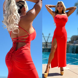 Connie's LIMITED "FIRE RED ORANGE 🔥🍊🔥 MAXI" Corset Tie Back, High THIGH Cut, SEMI SHEER-ISH, Ruched Butt, Thin Stretch Body Molding Fabric