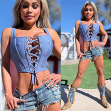 Connie's  "RICH SMASH ME BLUE JEAN CORSET TOP"  ADJUSTABLE Lace Up Front, To Smash and Lift Perfectly,Light Flex Boning, NO Zippers