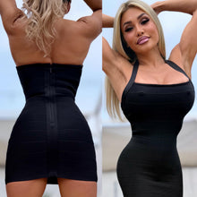 Connie's EXCLUSIVE "SABRINA'S RICH BANDAGE MINI DRESS" BLACK SHORT HALTER! TIGHT and SNUG BODY SHAPING FIT, NO BRA NEEDED