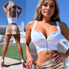 Connie's "SUPER STRETCH SEAMLESS WHITE Ribbed CROP Tank Top" Open The Chest as Deep as you want with Eye Hook Opening