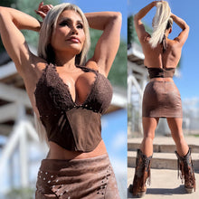 Connie's  BROWN SUEDE "RICH COWGIRL STUDDED LACE HALTER TOP" X SUEDE ADJUSTABLE Neck Tie, 🍸🤠🍸