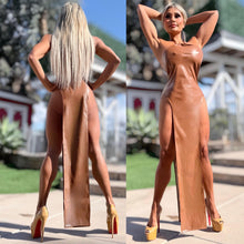 Connie's LIMITED EXCLUSIVE "DARING DOUBLE SPLIT MIDI" TAN Stretch X-Leather, EXTREME Double Thigh Split