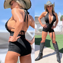 Connie's LIMITED!!! "BLACK SUEDE and Silver Studs WESTERN ROMPER" Suede Belt Silver Buckle, DEEP PLUNGE STRETCH X SUEDE, Adjustable Chest Tie