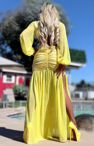 Connie's "EXOTIC YELLOW DAISY 🌴 Island Princess Maxi" Stretch Fit, Lined Upper and Lower, See thru Arms and Legs, One Thigh Opening🥂 Made in USA