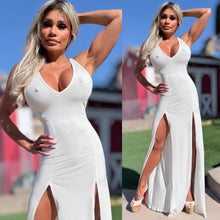CONNIE'S *LIMITED* "WHITE RESORT DOUBLE SLIT MAXI" V Neck Plunge, DOUBLE SPLIT Thighs, Super Stretch Fit Fabric