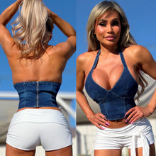 Connie's VERY LIMITED "LIFT and SMASH STRETCH DENIMN HALTER TOP" Adjustable Snap Buttoon Halter Neck, Zip Back Closure