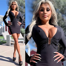 Connie's "SMASHING MELONS BLACK LOUNGE GIRL Mini" RICH GOD CHEST ACCENT, and Bell Sleeves ... Made in the USA