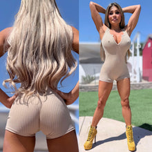 Connie's 🚧👷‍♂️🚧 BOB WOULD LOVE TO BUILD HER, BEIGE "SUPER SHORT MICRO Ribbed Romper🥂" Unlined, Super Stretch Spandex Fit
