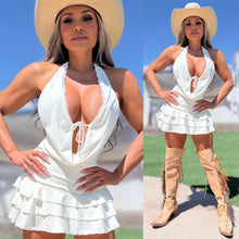 Connie's LIMITED!!! "All DRESSED UP! SULTRY SEXY WHITE COWGIRL" Lace trim Accent, Ruffle lower, Built in Booty Shorts, Made in USA