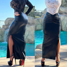 Connie's EXCLUSIVE "BLACK FULL STRETCH VIXEN SKIRT" Ruched Front, Shiny Black Stretch Fabric, Side Split