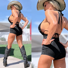 Connie's LIMITED!!! "BLACK SUEDE and Silver Studs WESTERN ROMPER" Suede Belt Silver Buckle, DEEP PLUNGE STRETCH X SUEDE, Adjustable Chest Tie