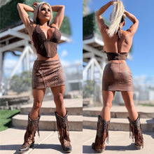 Connie's  BROWN SUEDE "RICH COWGIRL STUDDED LACE HALTER TOP" X SUEDE ADJUSTABLE Neck Tie, 🍸🤠🍸