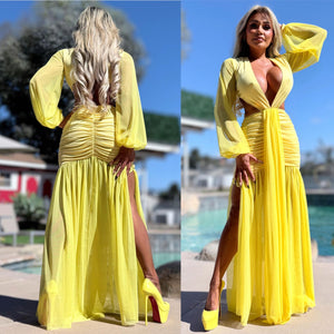 Connie's "EXOTIC YELLOW DAISY 🌴 Island Princess Maxi" Stretch Fit, Lined Upper and Lower, See thru Arms and Legs, One Thigh Opening🥂 Made in USA