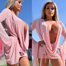 Connie's SUPER SHORT 😈 "RICH & DARING PINK DREAM MESH 🥂🍾  MINI" GIANT COWL Plunge,  Bell Sleeves, Not for the SHY