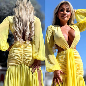 Connie's "EXOTIC YELLOW DAISY 🌴 Island Princess Maxi" Stretch Fit, Lined Upper and Lower, See thru Arms and Legs, One Thigh Opening🥂 Made in USA