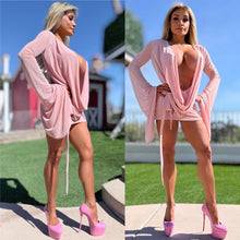 Connie's SUPER SHORT 😈 "RICH & DARING PINK DREAM MESH 🥂🍾  MINI" GIANT COWL Plunge,  Bell Sleeves, Not for the SHY