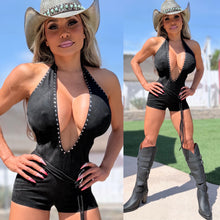 Connie's LIMITED!!! "BLACK SUEDE and Silver Studs WESTERN ROMPER" Suede Belt Silver Buckle, DEEP PLUNGE STRETCH X SUEDE, Adjustable Chest Tie