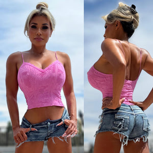 Connie's Exclusive PASSION PINK "RICH and INNOCENT DOUBLE LACE CAMI Top" Super Stretch Fit...Made in The USA😍