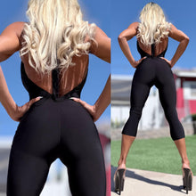 Connie's EXCLUSIVE "EXTREME PLUNGE BLACK SHEEN CLUB 🍸 CAPRI Jumpsuit" Sheen Fabric, Adjustable Backless Halter, Made in USA